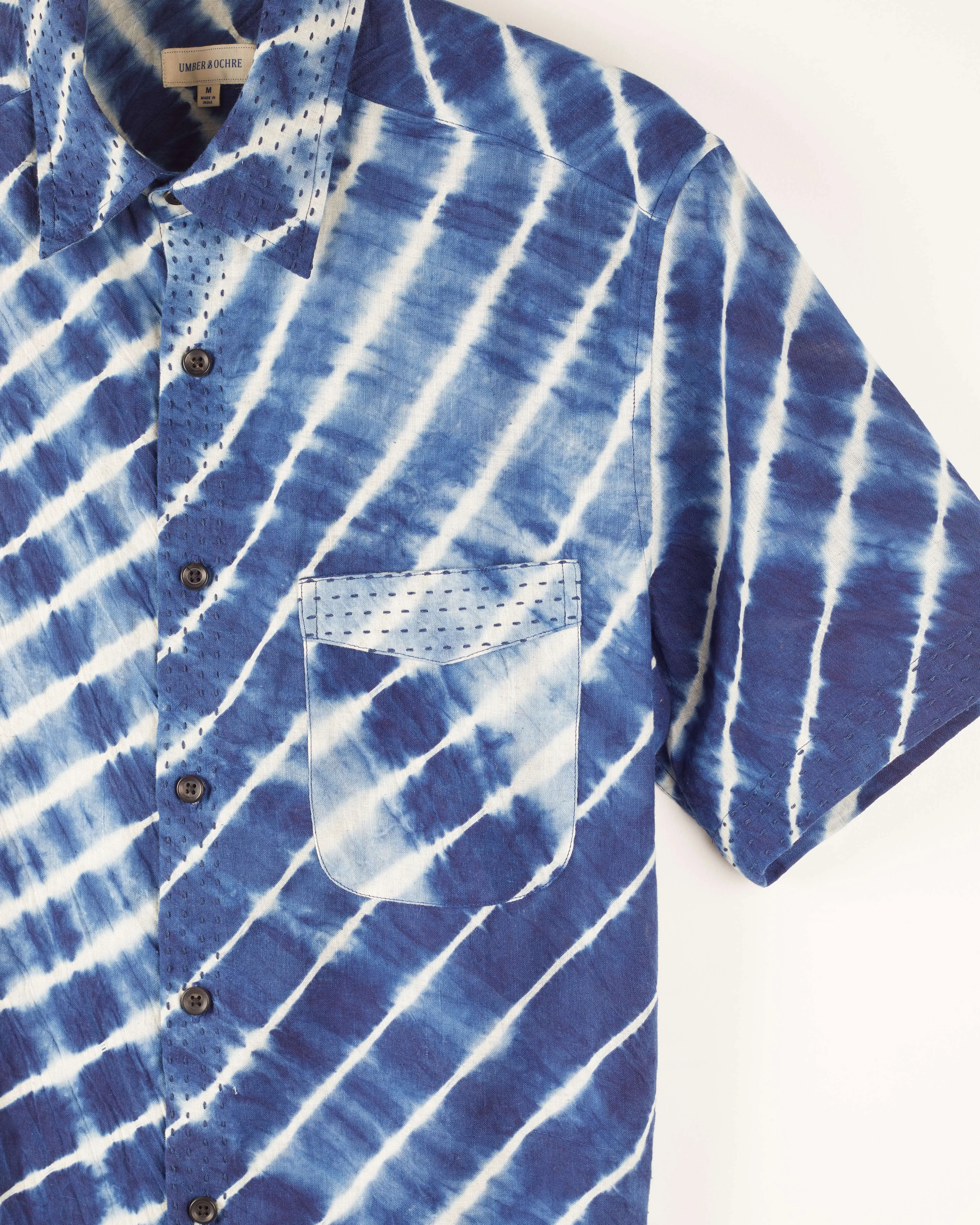 S/S Kabir Shirt in Diagonal Shibori Indigo