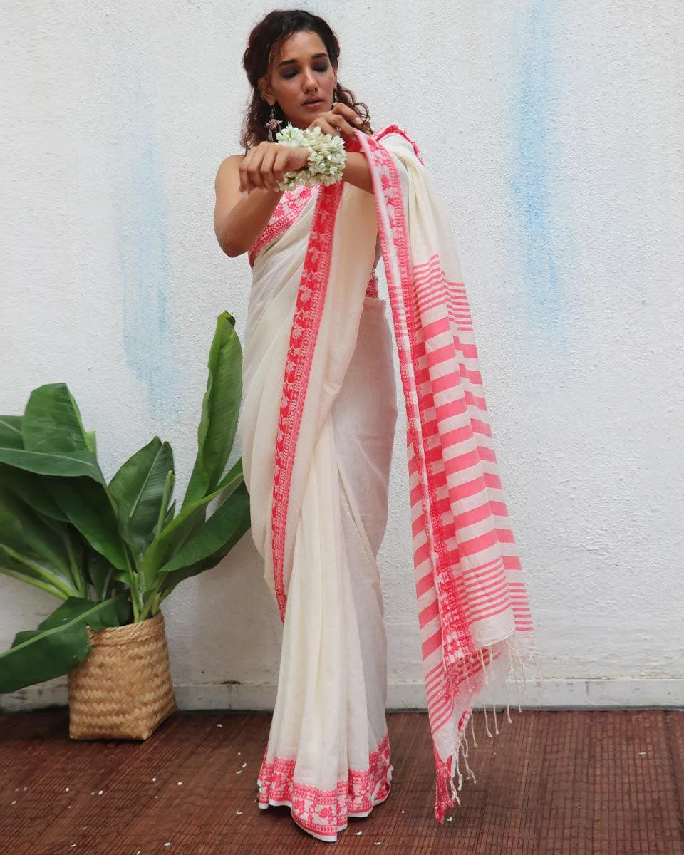 Trinetra Handwoven Linen Cotton Jamdani Saree - Uma