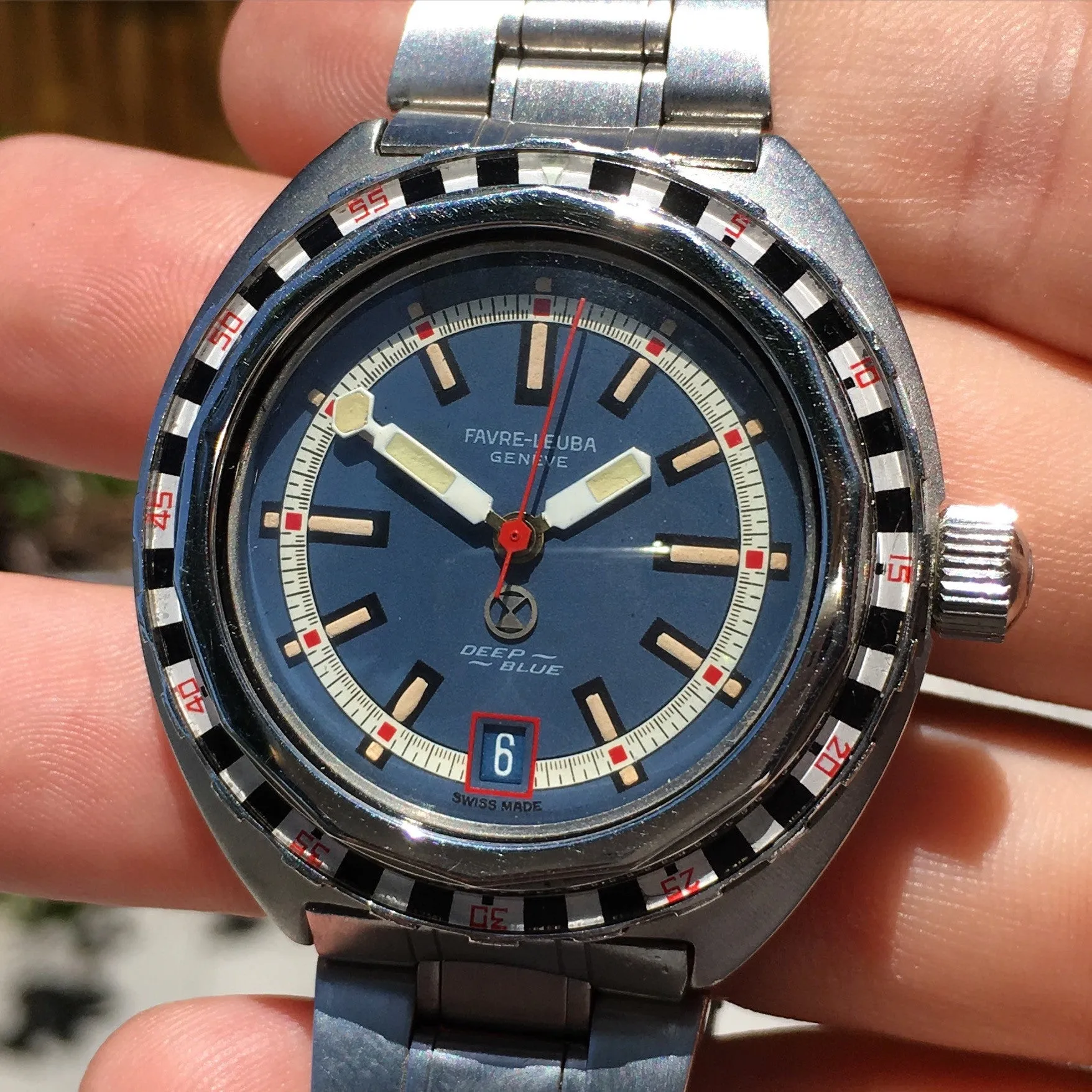 Vintage Favre Leuba Deep Blue 59863 Roulette Stainless Steel Divers Wristwatch