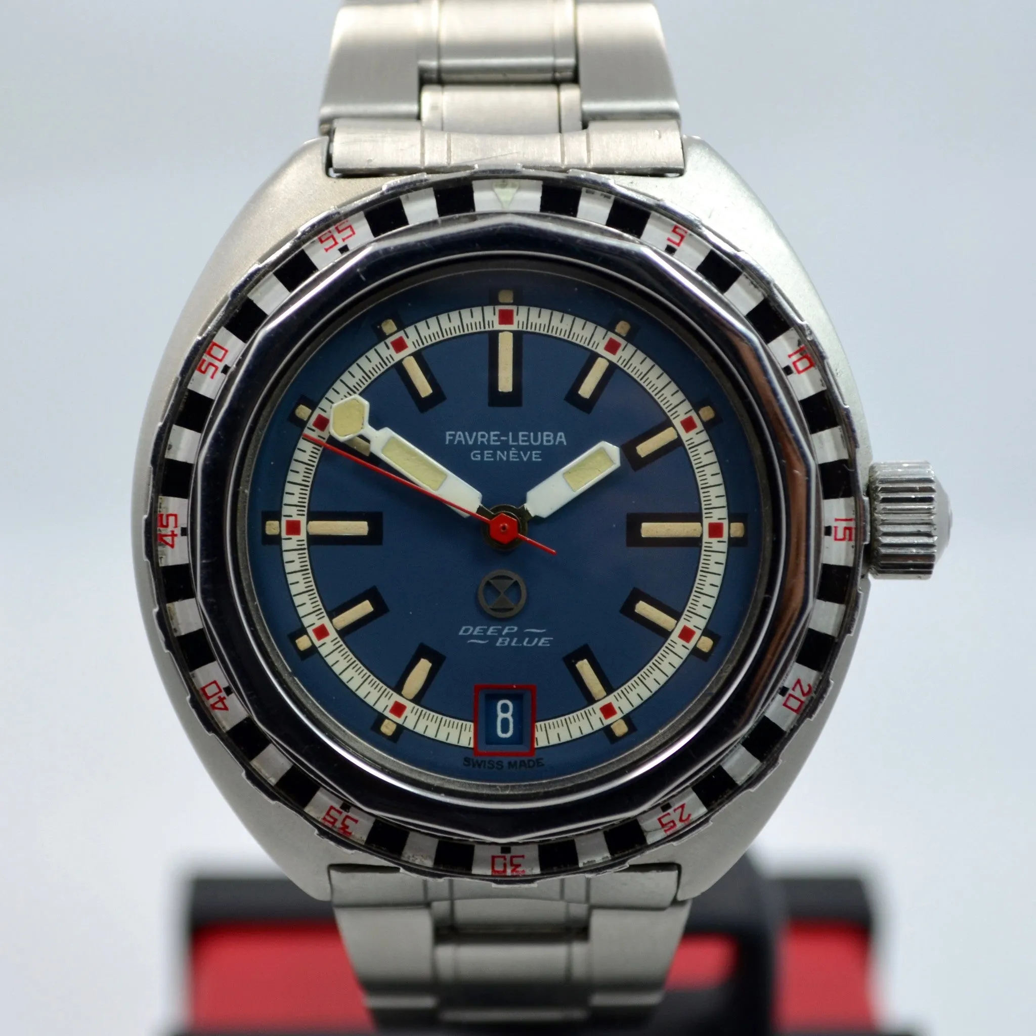 Vintage Favre Leuba Deep Blue 59863 Roulette Stainless Steel Divers Wristwatch