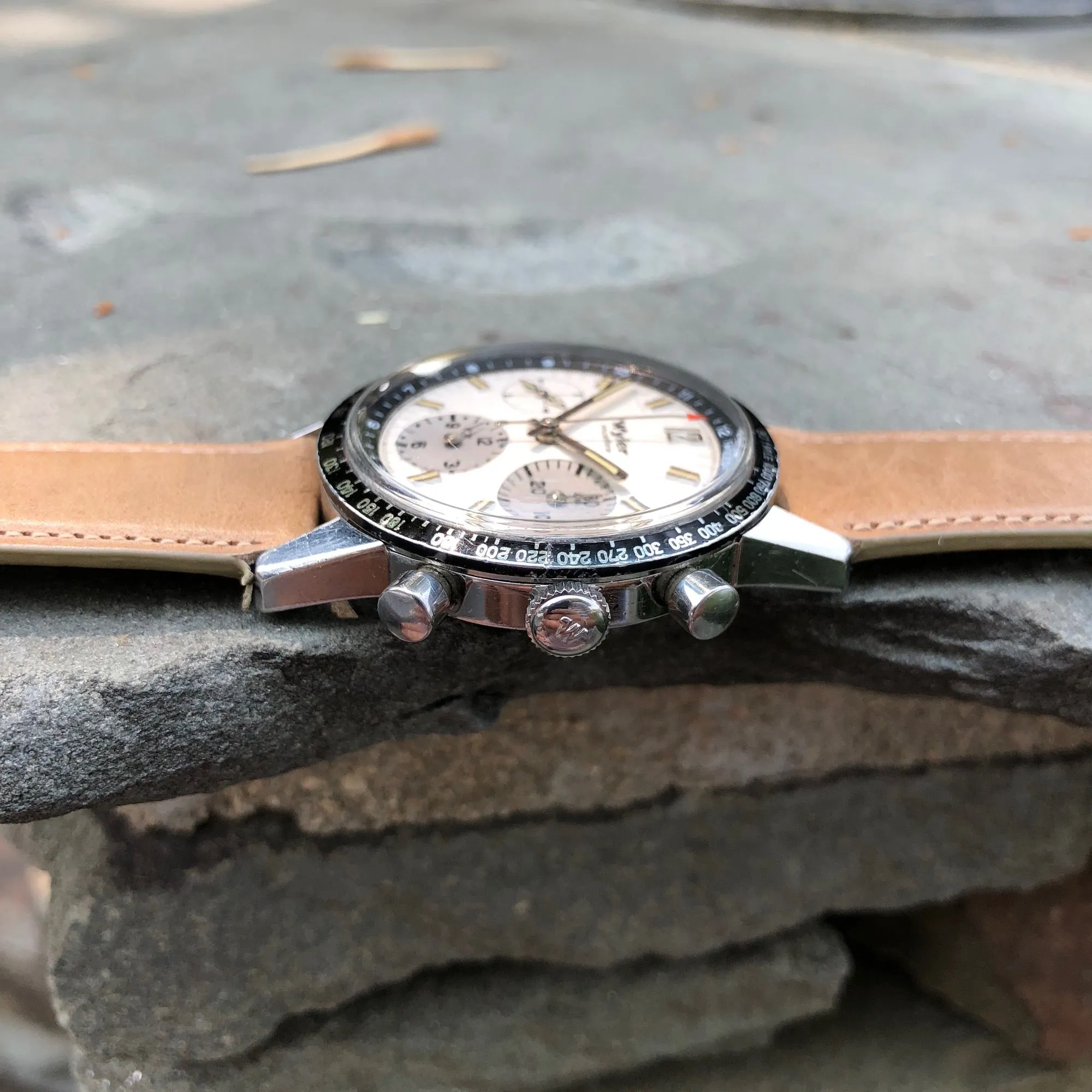 Vintage Wyler Incaflex 1502 Lifeguard Steel Valjoux 72 Chronograph Manual Wristwatch