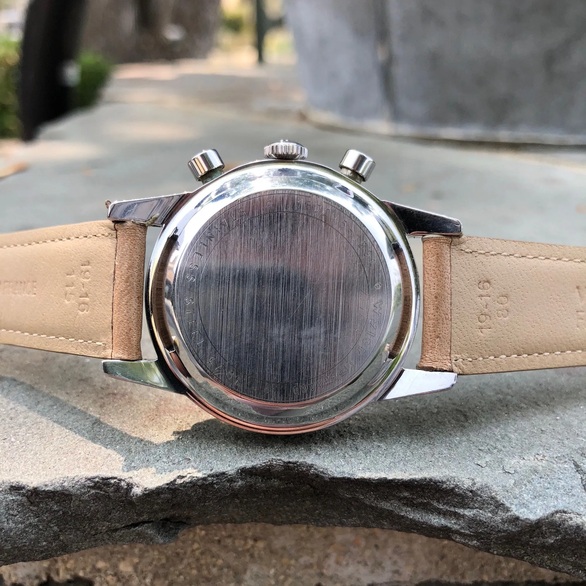 Vintage Wyler Incaflex 1502 Lifeguard Steel Valjoux 72 Chronograph Manual Wristwatch