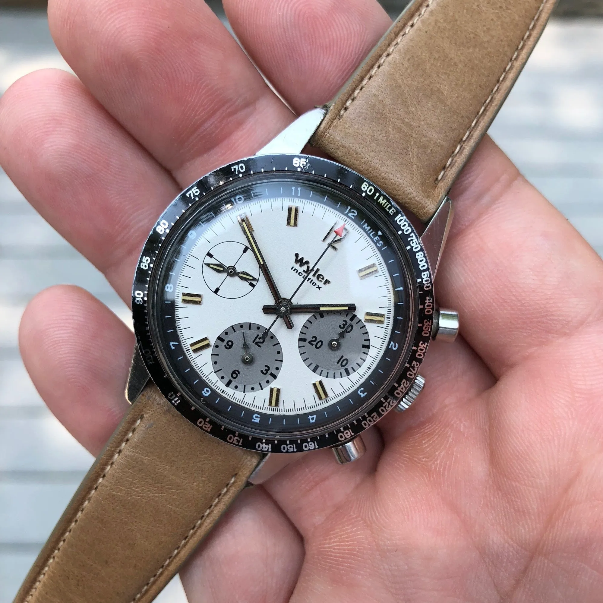 Vintage Wyler Incaflex 1502 Lifeguard Steel Valjoux 72 Chronograph Manual Wristwatch