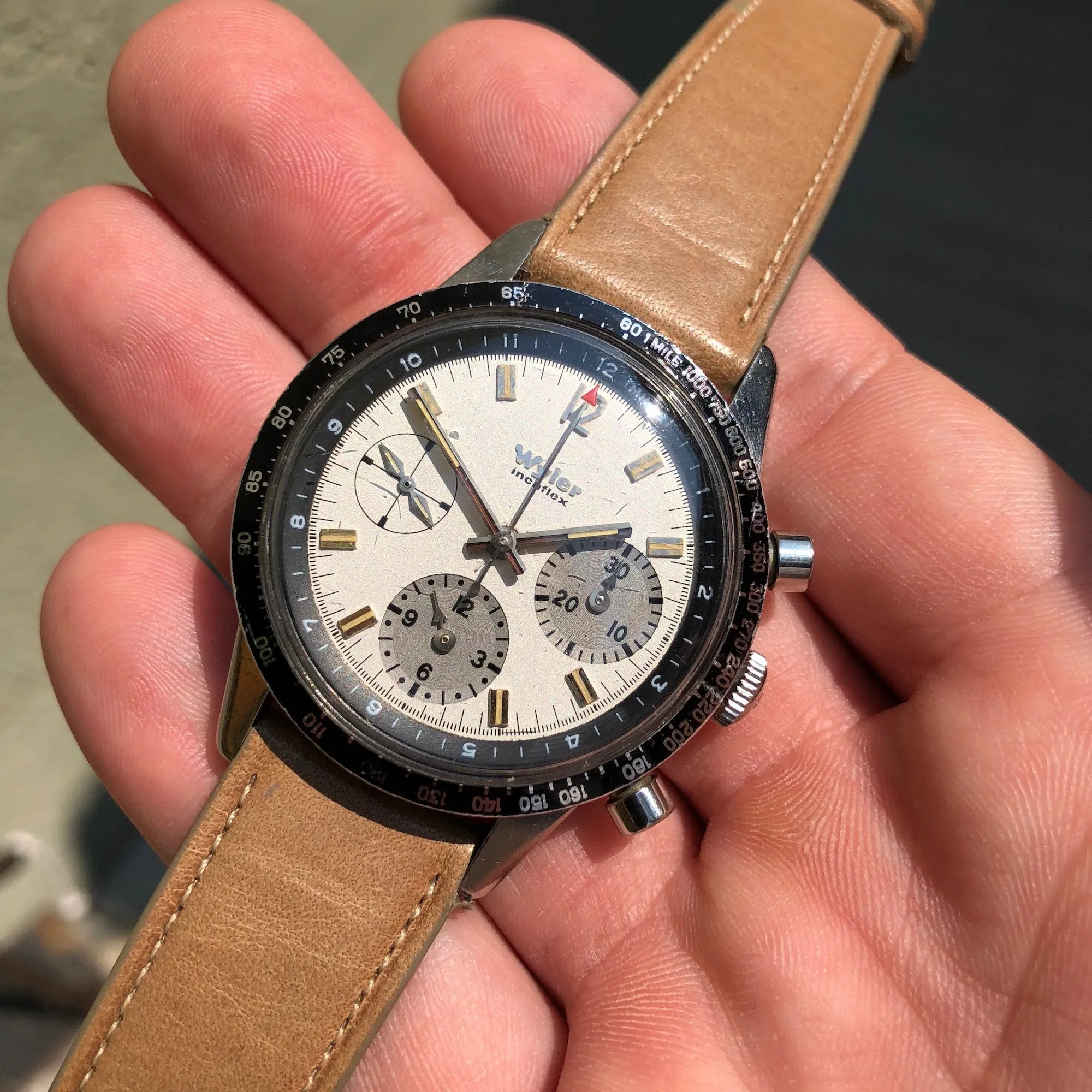 Vintage Wyler Incaflex 1502 Lifeguard Steel Valjoux 72 Chronograph Manual Wristwatch