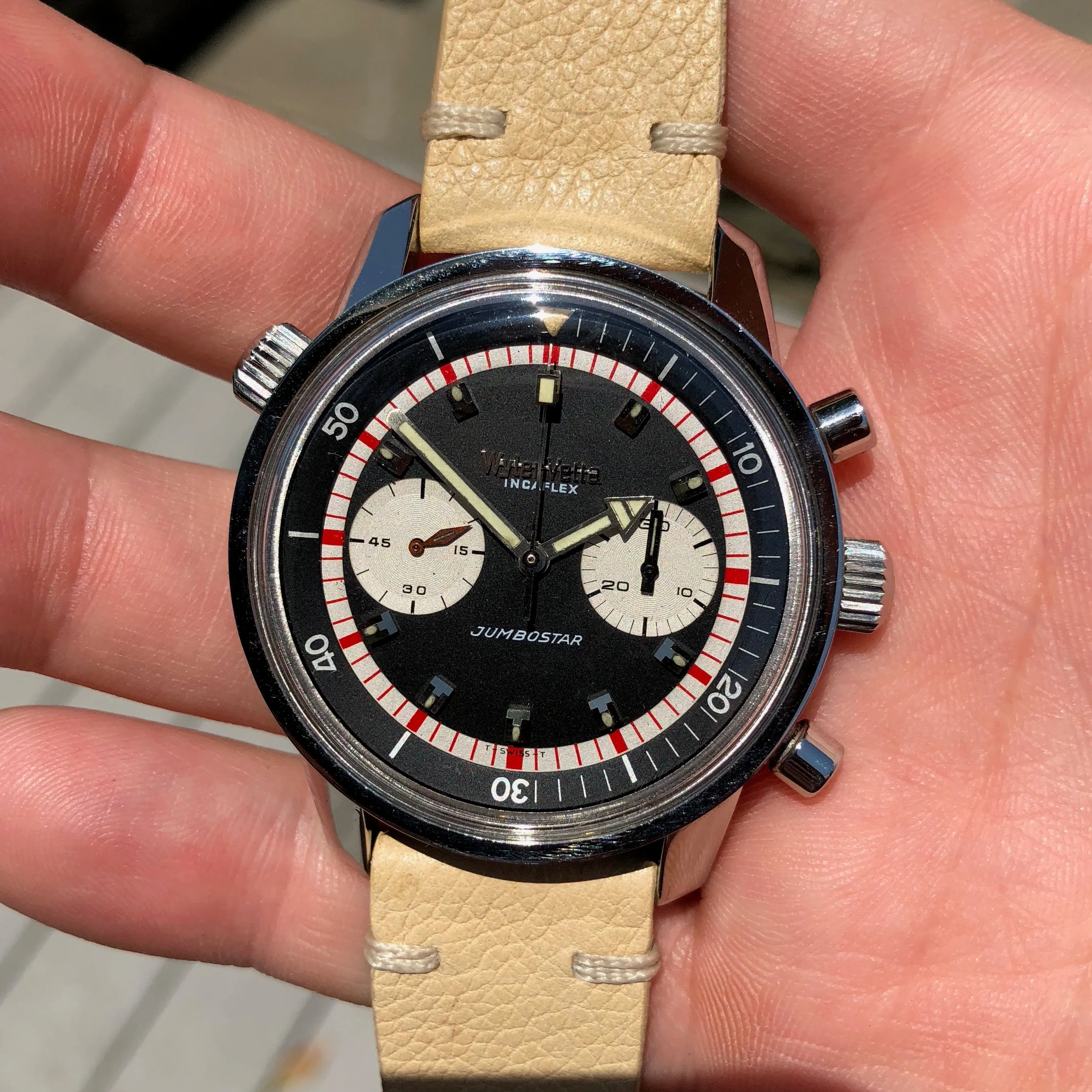 Vintage Wyler Vetta Jumbostar 1502/6 Lifeguard Incaflex Valjoux 23 Chronograph Wristwatch