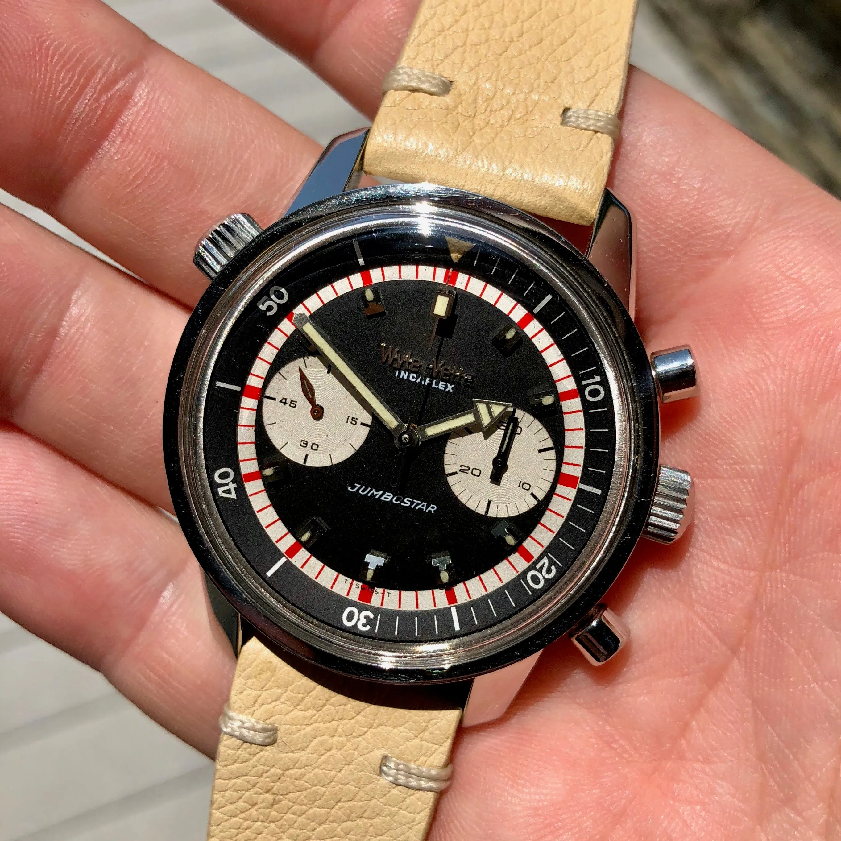 Vintage Wyler Vetta Jumbostar 1502/6 Lifeguard Incaflex Valjoux 23 Chronograph Wristwatch