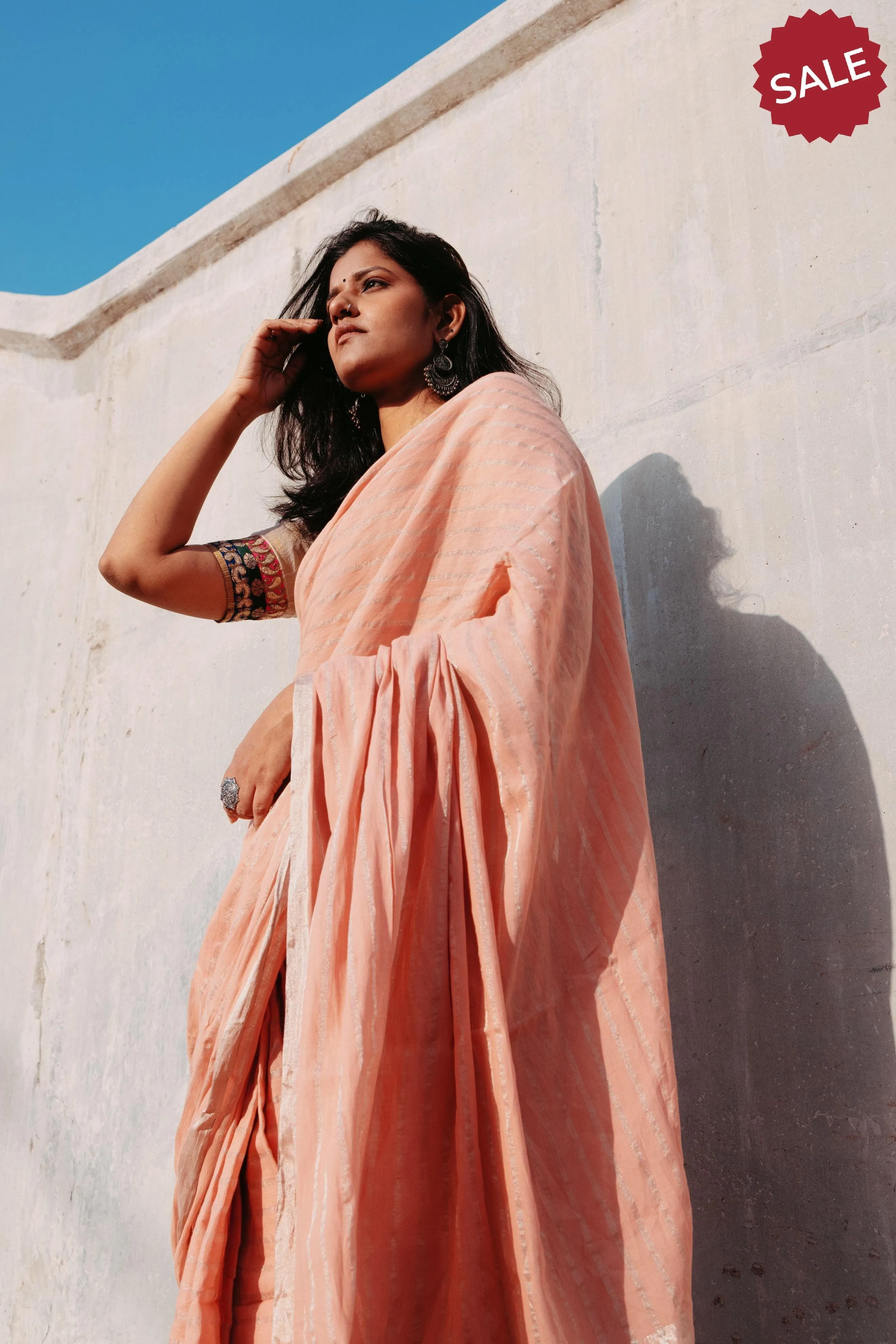 Weaves of Bengal - Sitara - Peach zari cotton saree