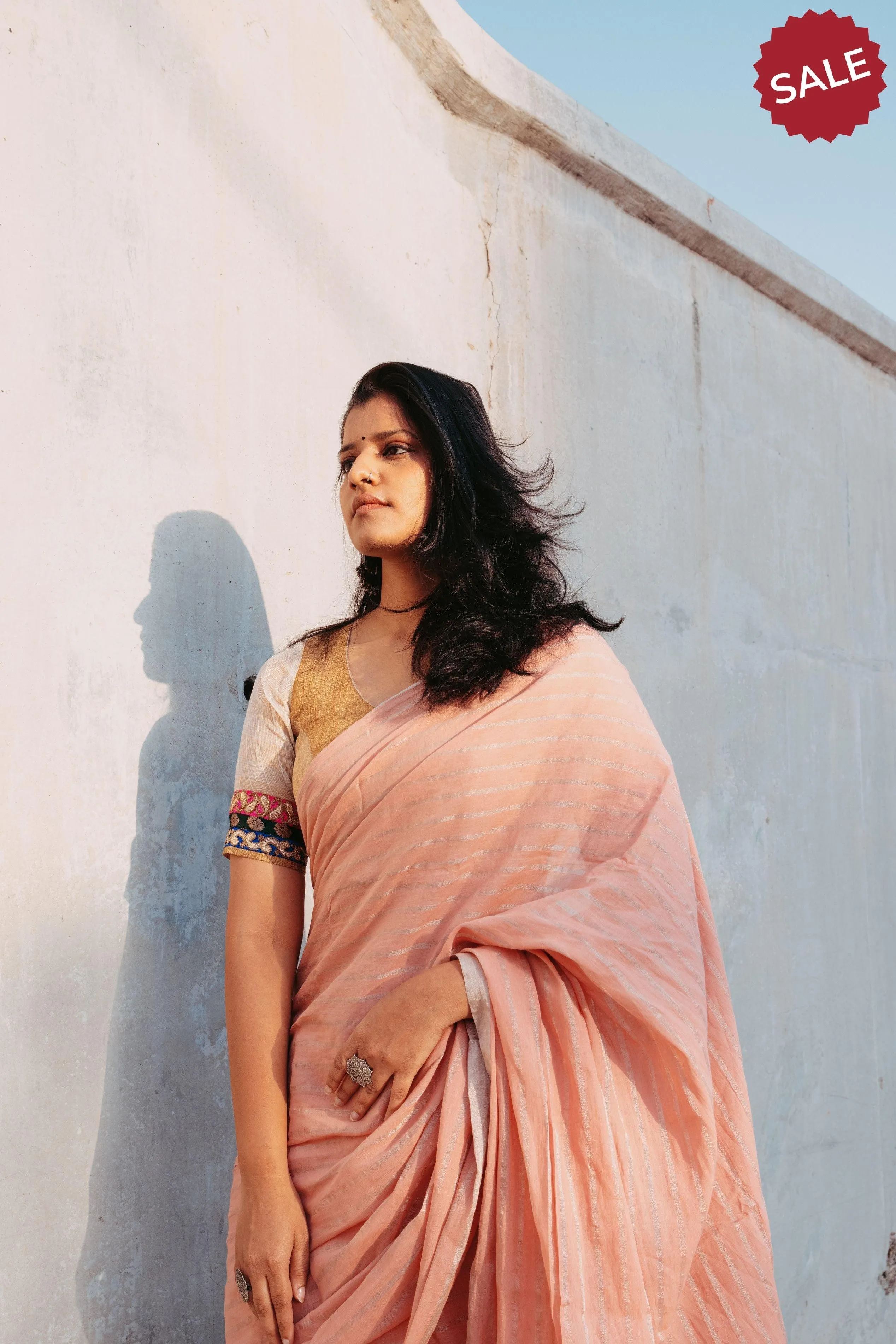 Weaves of Bengal - Sitara - Peach zari cotton saree