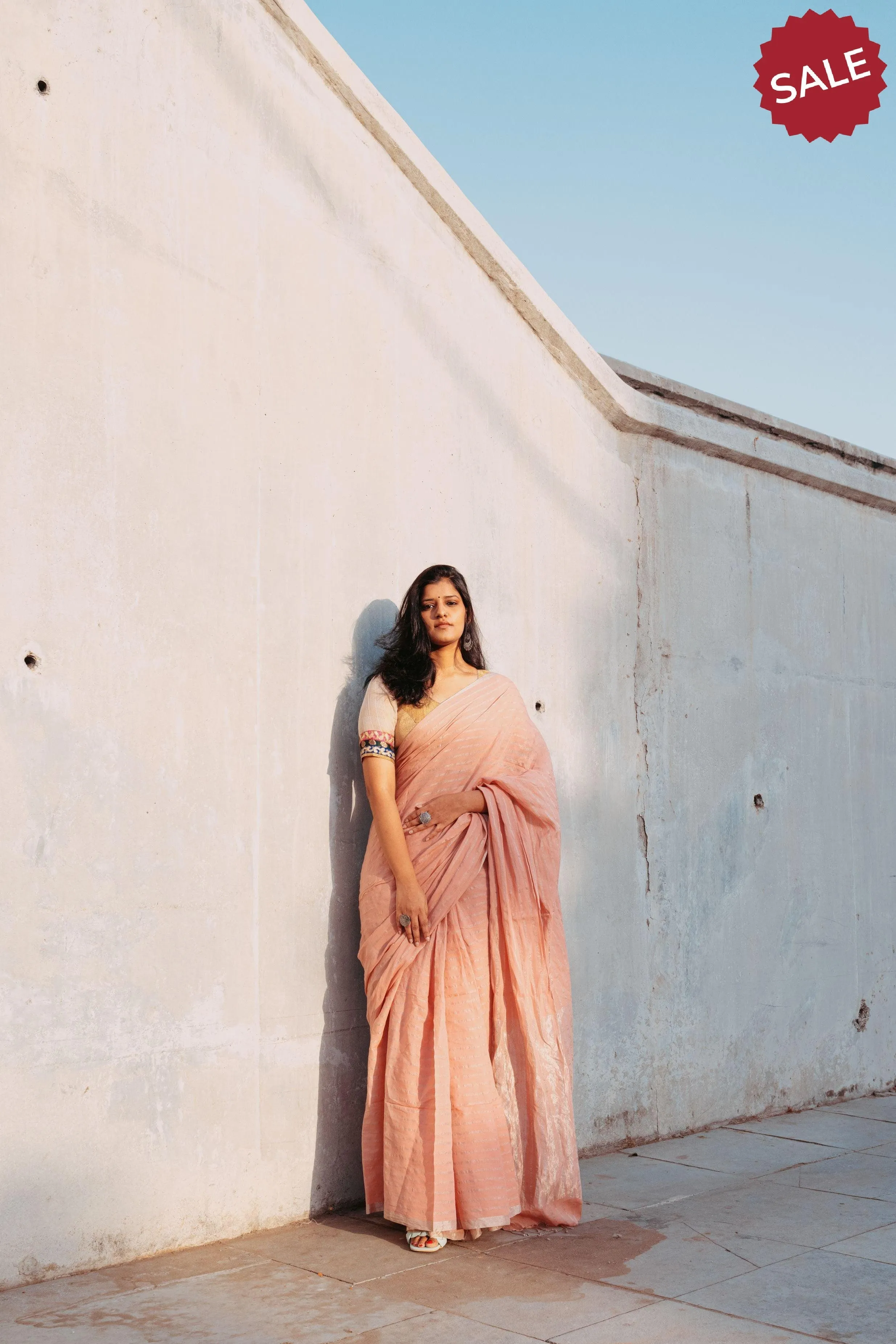 Weaves of Bengal - Sitara - Peach zari cotton saree