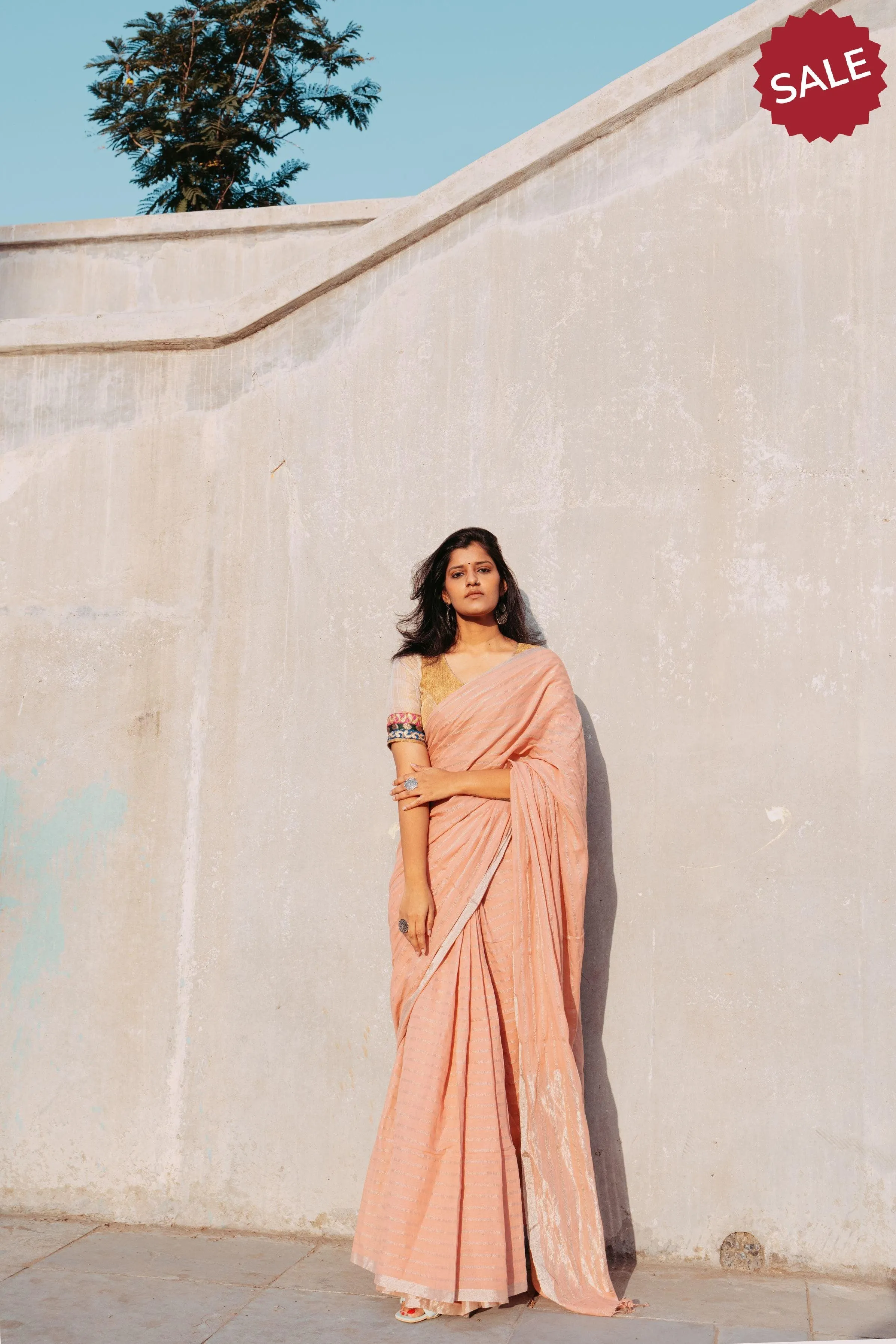 Weaves of Bengal - Sitara - Peach zari cotton saree