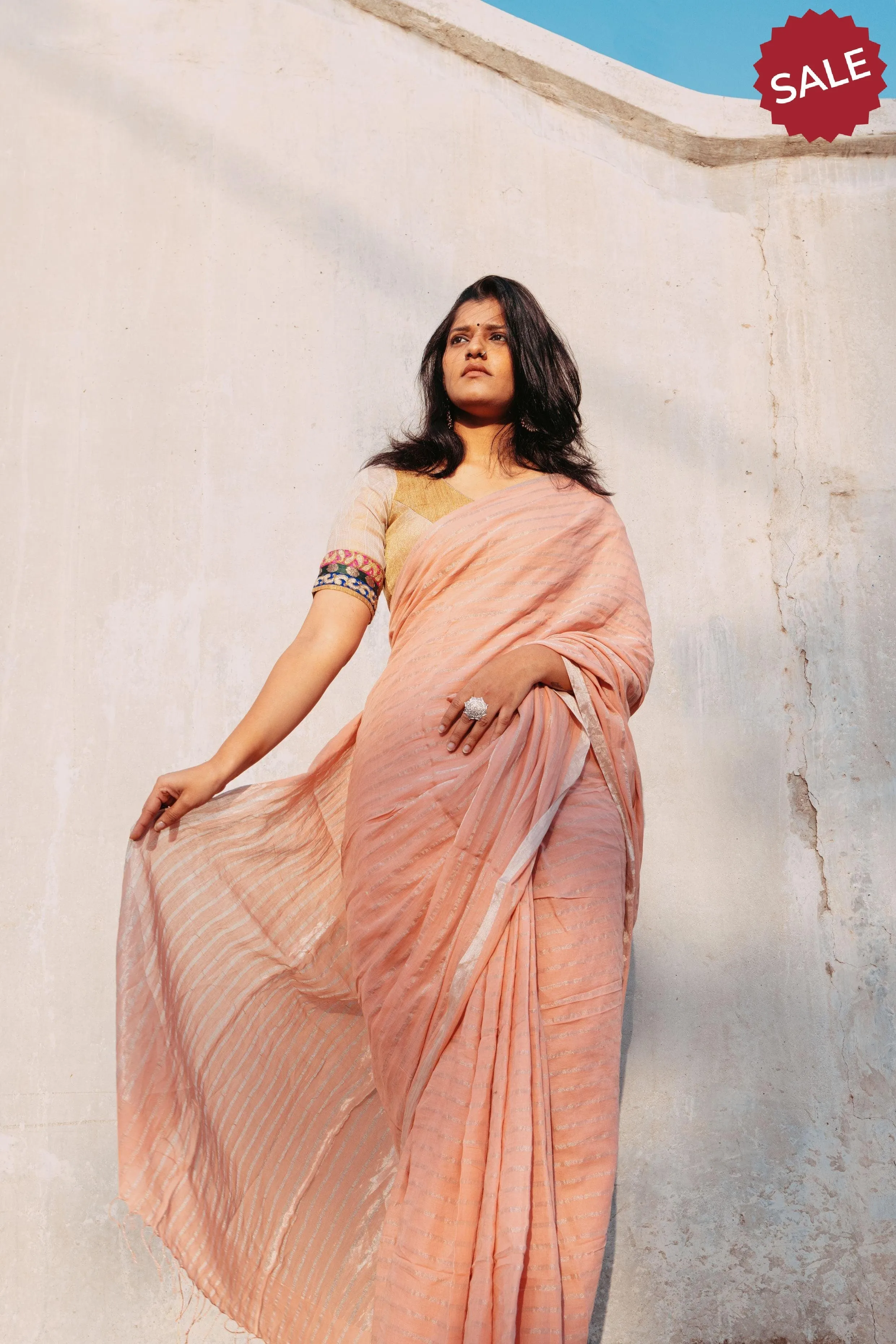 Weaves of Bengal - Sitara - Peach zari cotton saree