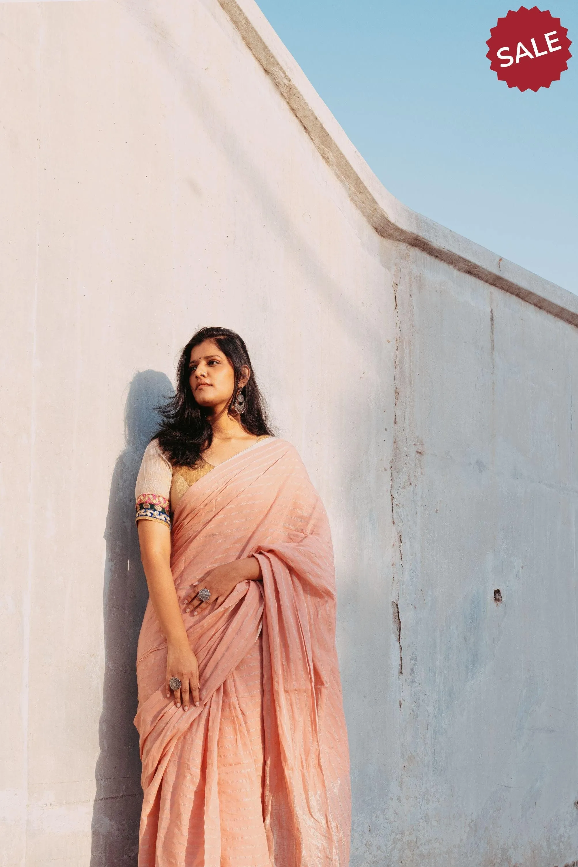 Weaves of Bengal - Sitara - Peach zari cotton saree