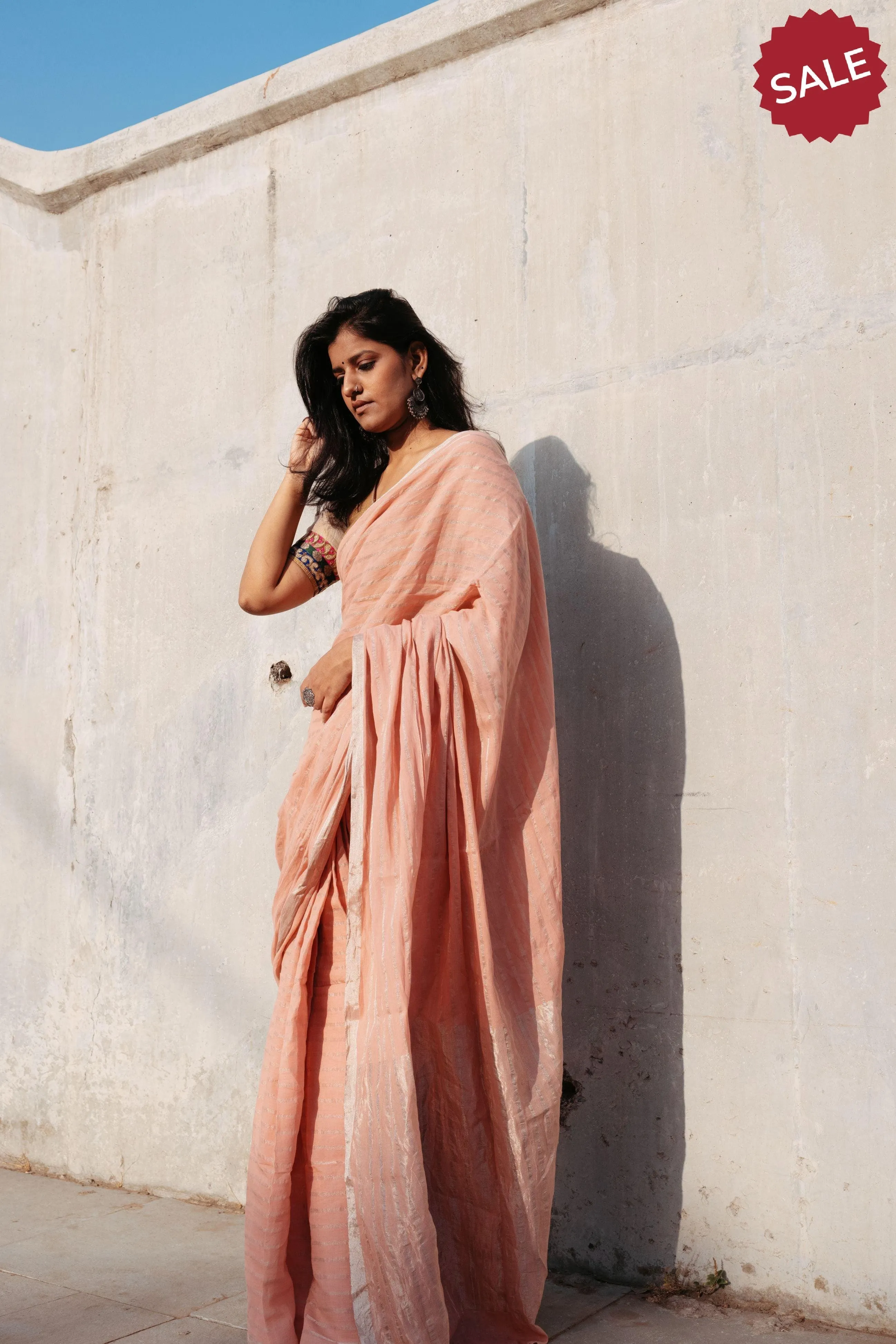 Weaves of Bengal - Sitara - Peach zari cotton saree