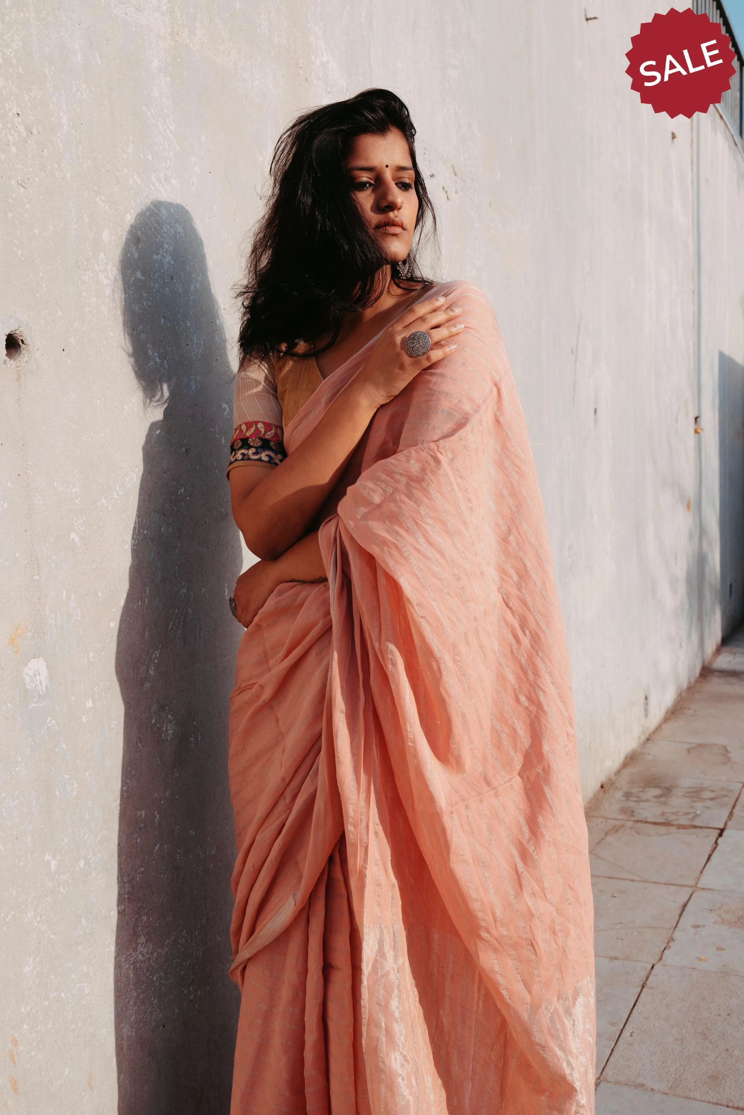 Weaves of Bengal - Sitara - Peach zari cotton saree