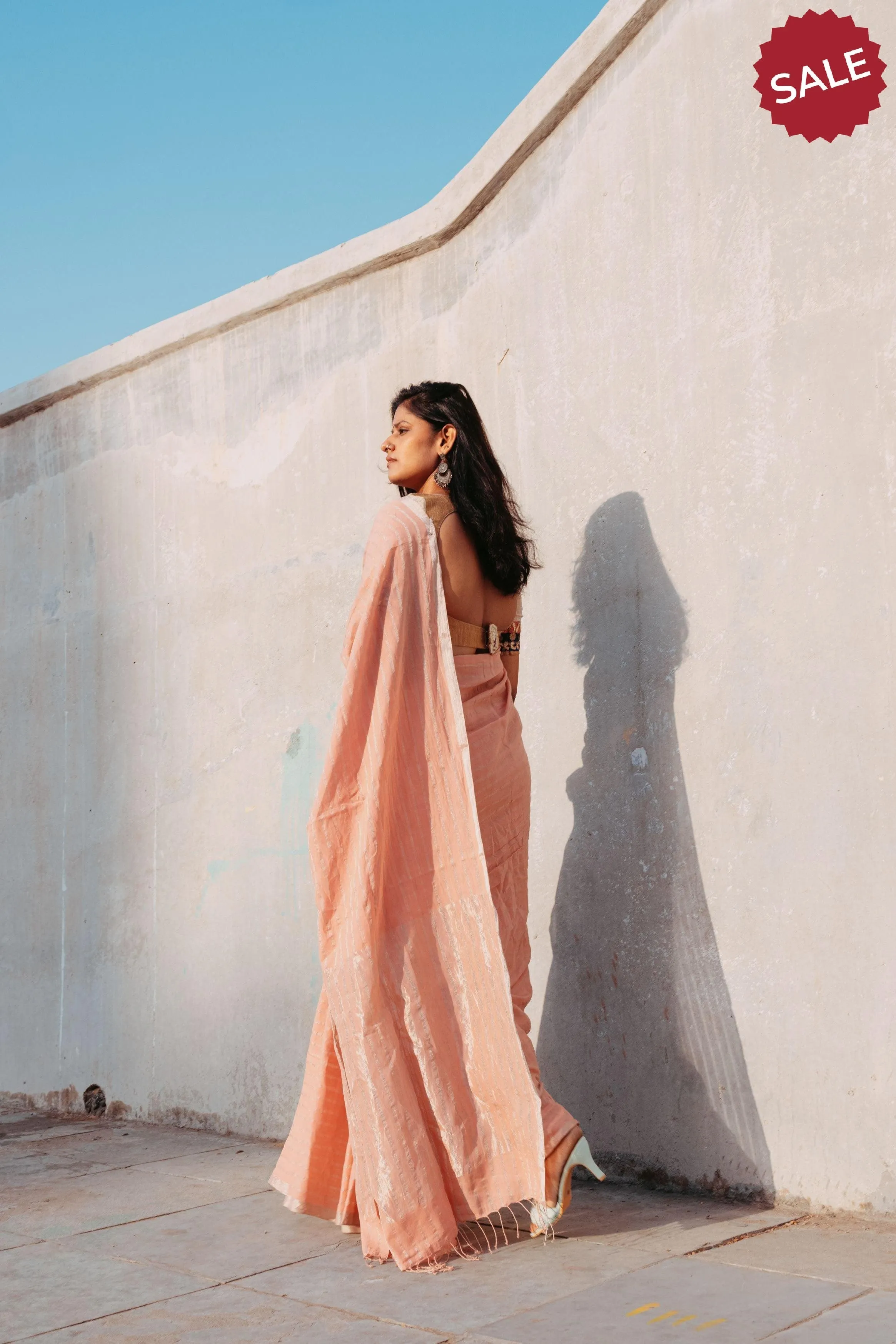 Weaves of Bengal - Sitara - Peach zari cotton saree