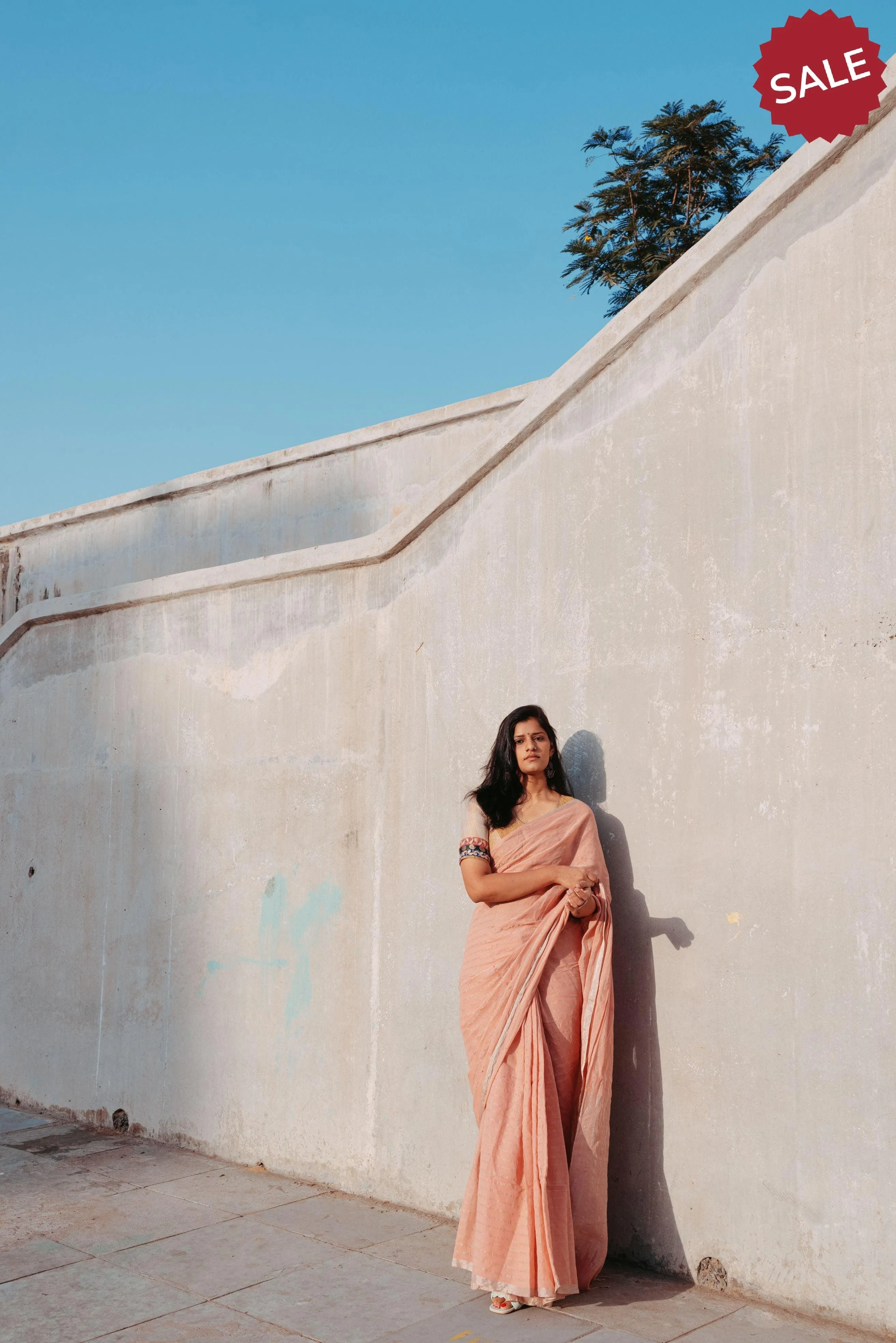 Weaves of Bengal - Sitara - Peach zari cotton saree