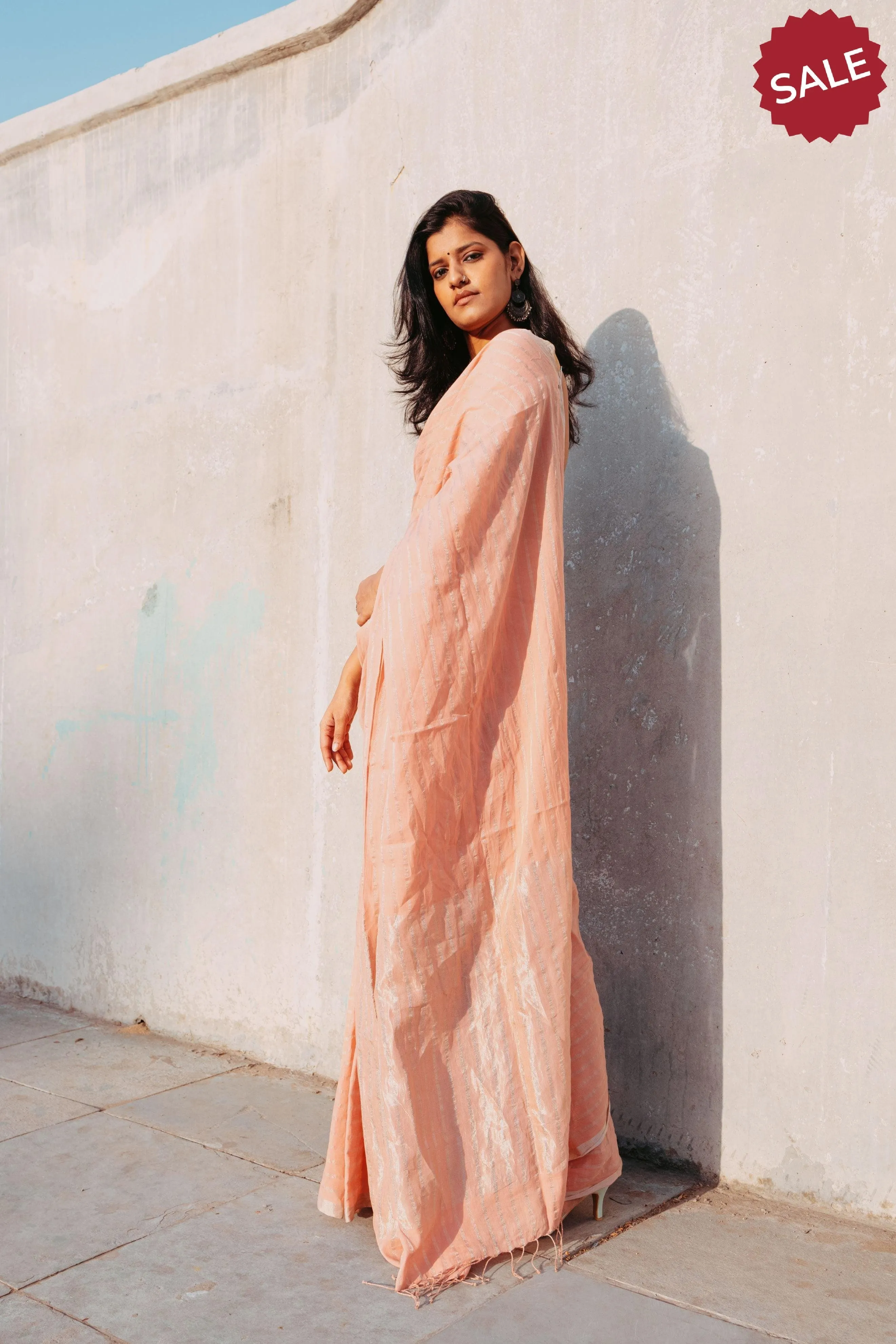 Weaves of Bengal - Sitara - Peach zari cotton saree
