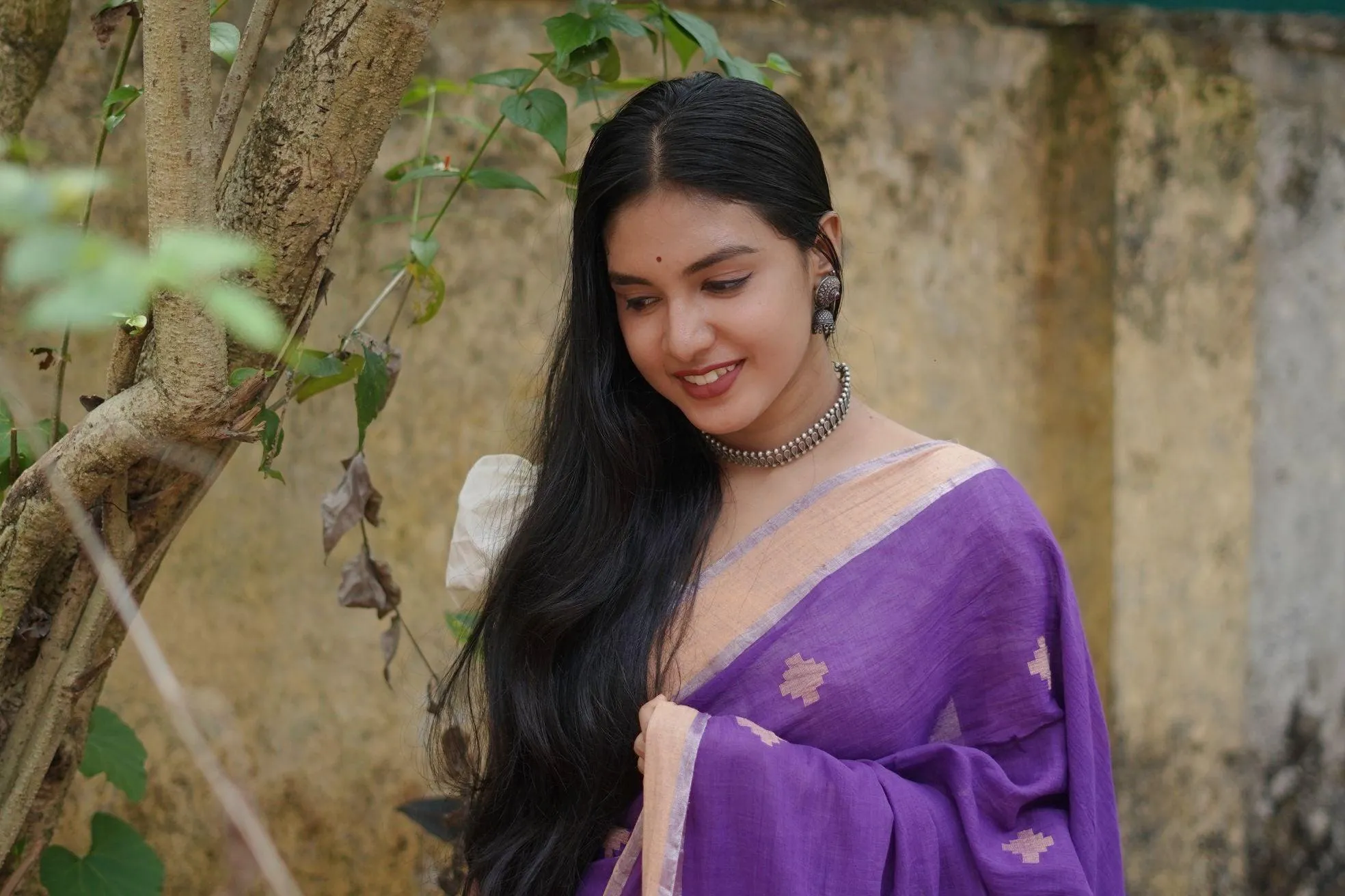 Weaves of Bengal - Sitara - Purple handloom cotton saree with zari border