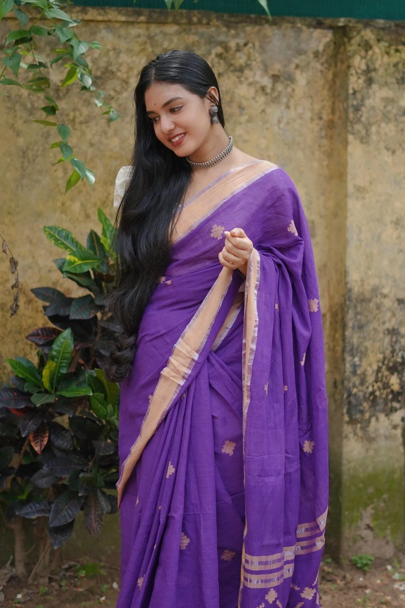 Weaves of Bengal - Sitara - Purple handloom cotton saree with zari border