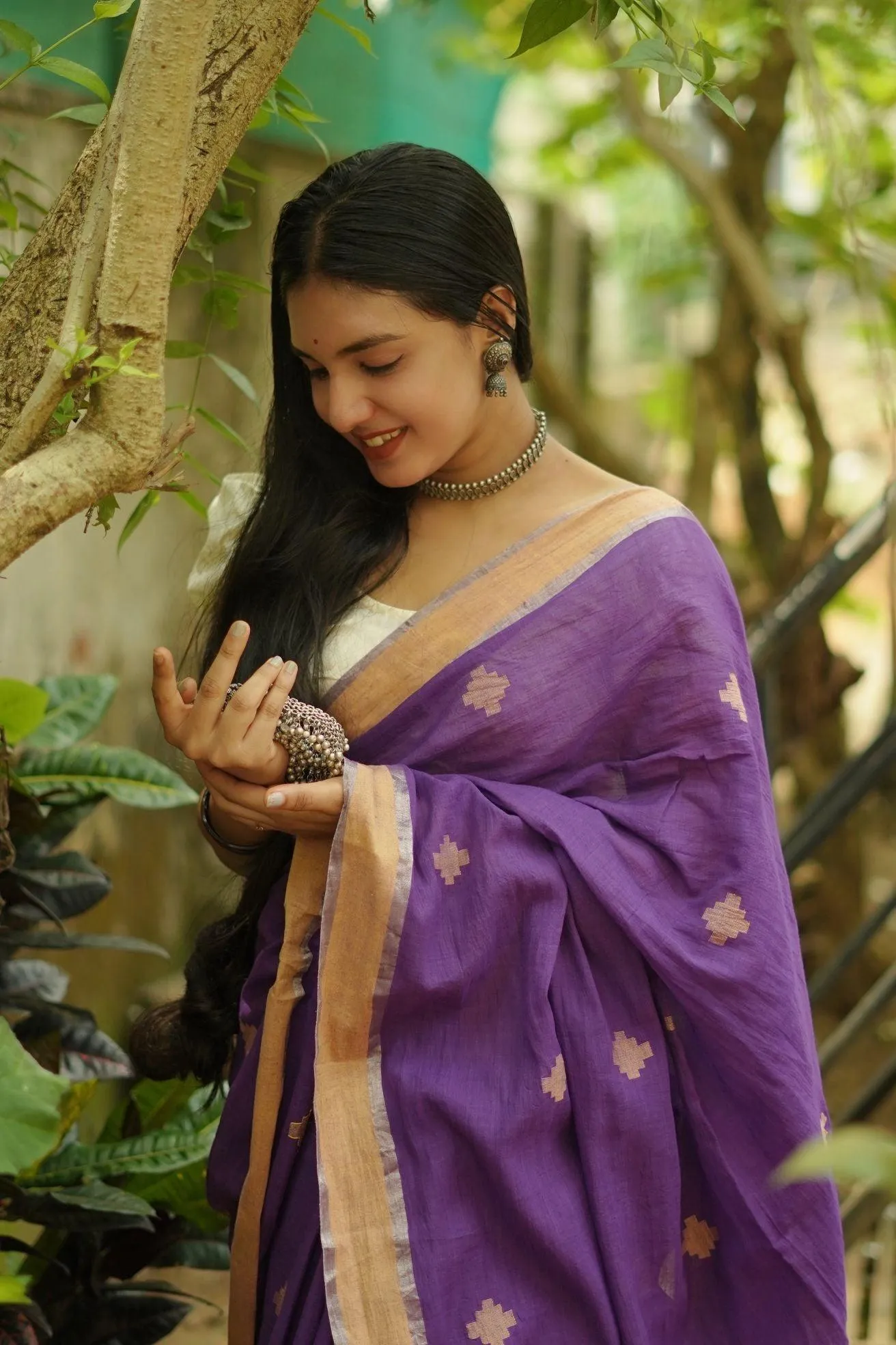 Weaves of Bengal - Sitara - Purple handloom cotton saree with zari border