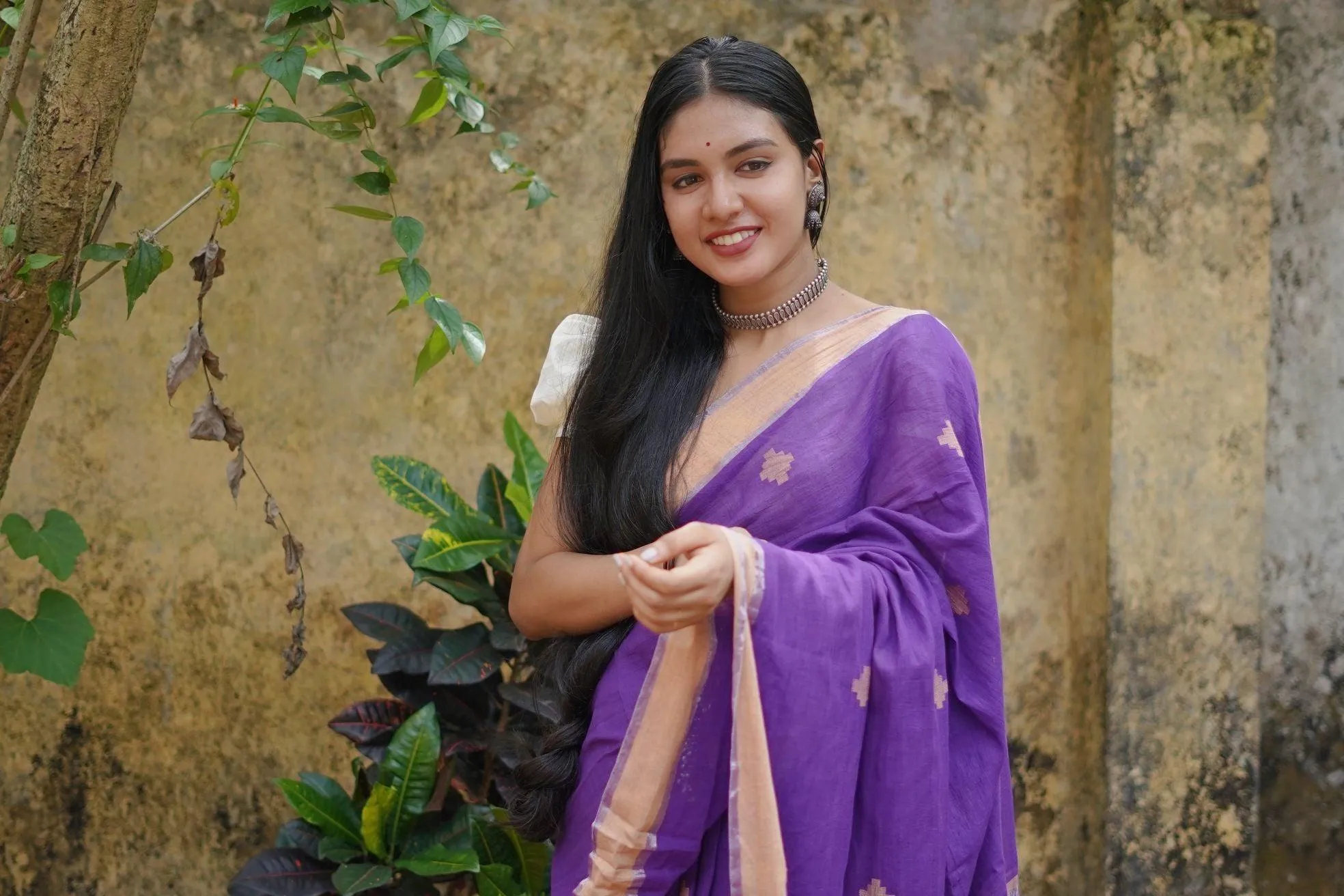 Weaves of Bengal - Sitara - Purple handloom cotton saree with zari border