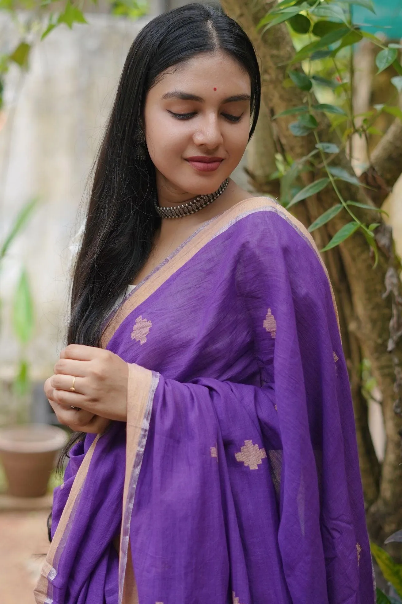 Weaves of Bengal - Sitara - Purple handloom cotton saree with zari border