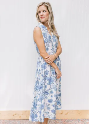 XZ Blue White Floral Sleeveless Midi Dress